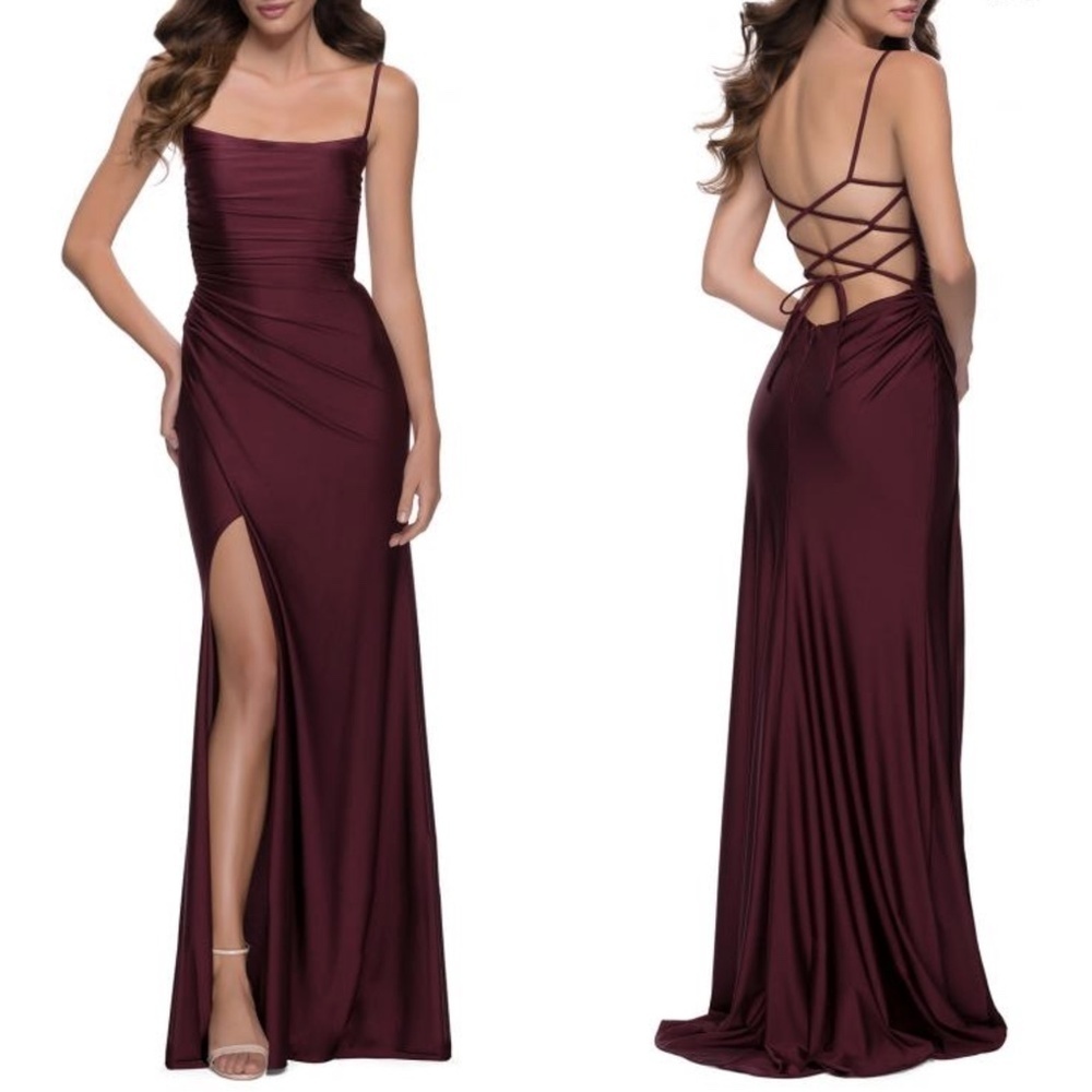 NEW La Femme 29710 Ruched Bodice Low Strappy Back Gown in Dark Berry Sz.…